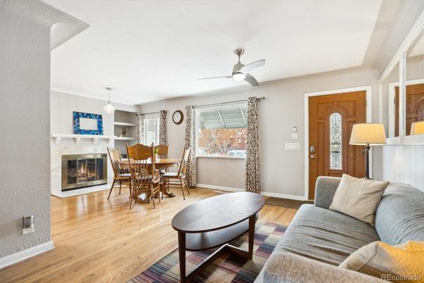 Dining room, Fireplace, Interior, Living room, Pendant Lights, Wood Texture Flooring