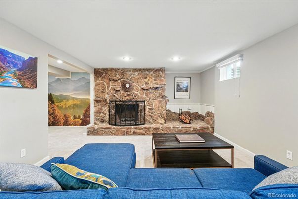 Fireplace, Interior, Living room, Recessed Lighting, Stone Walls