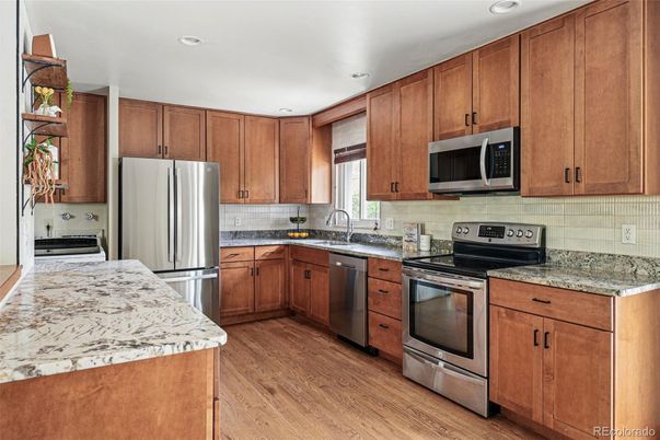 Interior, Kitchen, Recessed Lighting, Stainless Steel Appliances, Wood Texture Flooring
