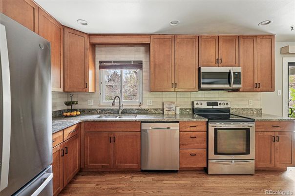 Interior, Kitchen, Recessed Lighting, Stainless Steel Appliances, Wood Texture Flooring