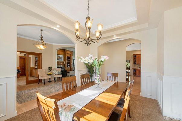 Chandelier, Dining room, Interior, Living room, Pendant Lights, Recessed Lighting, Wood Texture Flooring