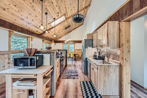 Dining room, Interior, Kitchen, Pendant Lights, Wooden Ceilings, Wood Texture Flooring