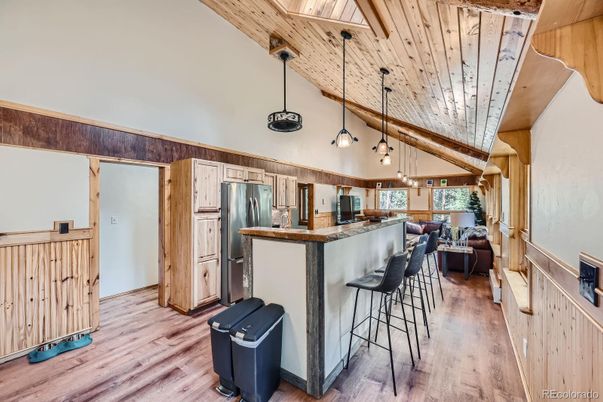 Interior, Kitchen, Pendant Lights, Stainless Steel Appliances, Wooden Ceilings, Wood Texture Flooring