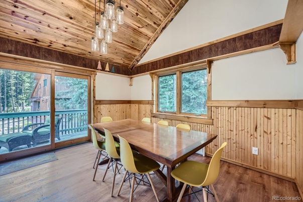Dining room, Interior, Pendant Lights, Wooden Ceilings, Wood Texture Flooring, Wooden Walls