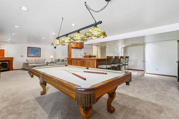 Billiard Table, Fireplace, Game Room, Interior, Living room, Pendant Lights, Recessed Lighting