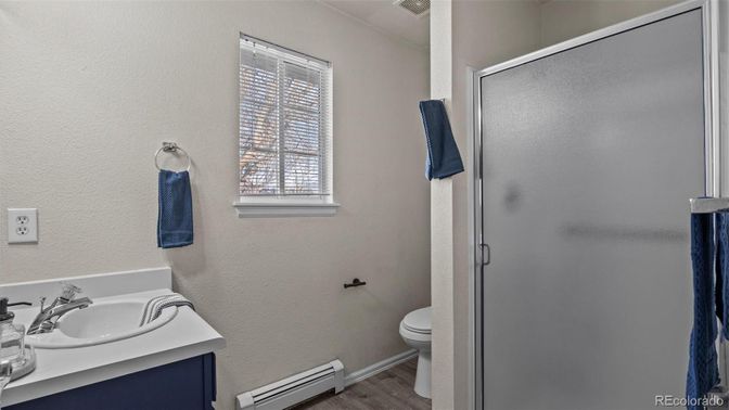 Bathroom, Glass Shower, Interior, Wood Texture Flooring