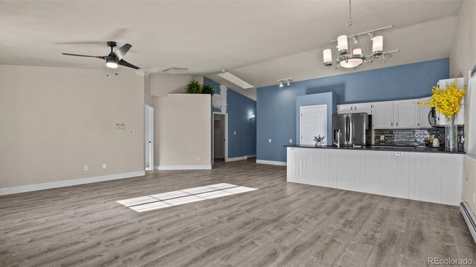 Chandelier, Empty room, Interior, Kitchen, Stainless Steel Appliances, Wood Texture Flooring
