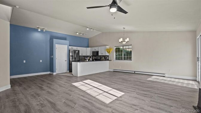 Chandelier, Empty room, Interior, Kitchen, Stainless Steel Appliances, Wood Texture Flooring