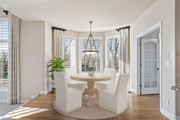 Dining room, Interior, Pendant Lights, Wood Texture Flooring