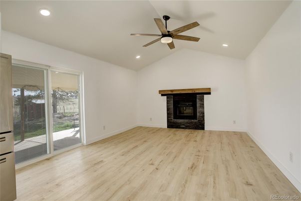 Empty room, Fireplace, Interior, Recessed Lighting, Wood Texture Flooring