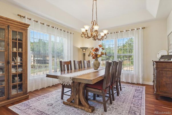 Chandelier, Dining room, Interior, Wood Texture Flooring
