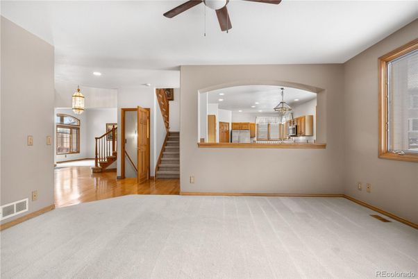 Empty room, Interior, Kitchen, Pendant Lights, Recessed Lighting, Wood Texture Flooring