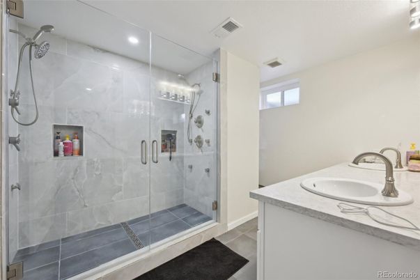 Bathroom, Glass Shower, Interior, Marble Walls, Recessed Lighting