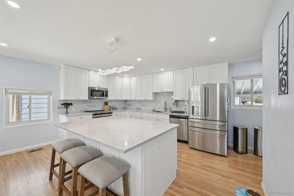 Interior, Kitchen, Pendant Lights, Recessed Lighting, Stainless Steel Appliances, Wood Texture Flooring
