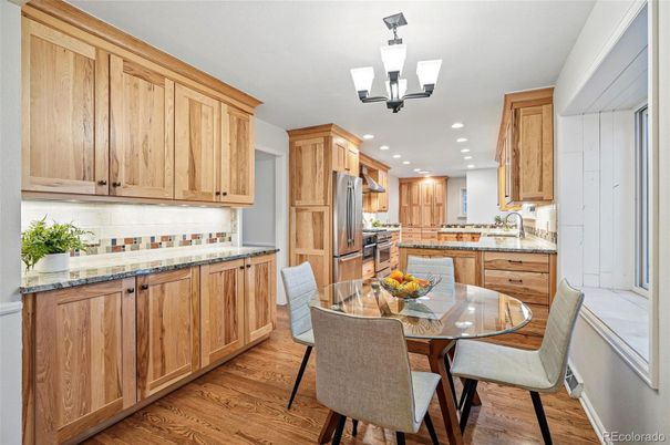 Chandelier, Dining room, Interior, Kitchen, Recessed Lighting, Wood Texture Flooring
