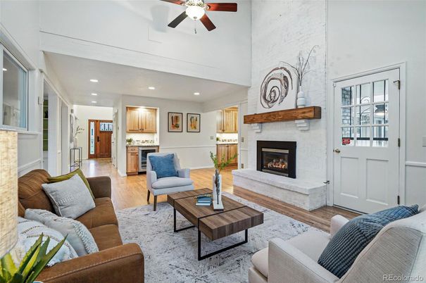 Fireplace, Interior, Kitchen, Living room, Recessed Lighting, Wood Texture Flooring