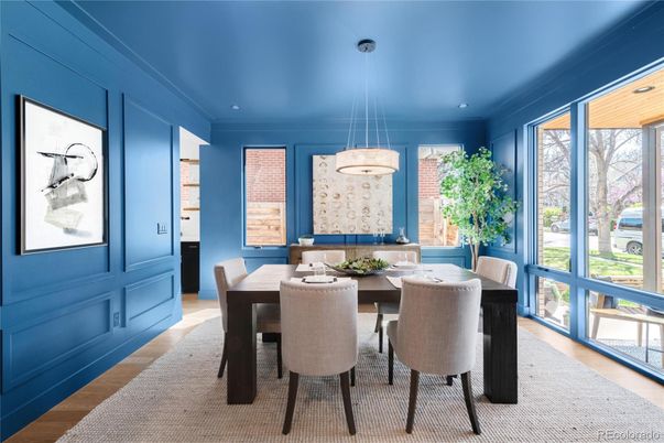 Dining room, Interior, Pendant Lights, Recessed Lighting, Wood Texture Flooring
