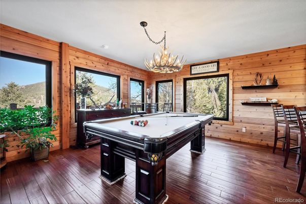 Billiard Table, Chandelier, Game Room, Interior, Wood Texture Flooring, Wooden Walls