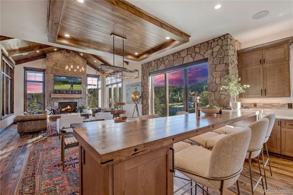 Dining room, Fireplace, Interior, Living room, Pendant Lights, Recessed Lighting, Stone Walls, Wooden Beams, Wooden Ceilings, Wood Texture Flooring