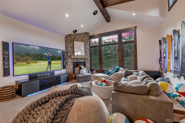 Fireplace, Interior, Living room, Recessed Lighting, Stone Walls, Wooden Beams