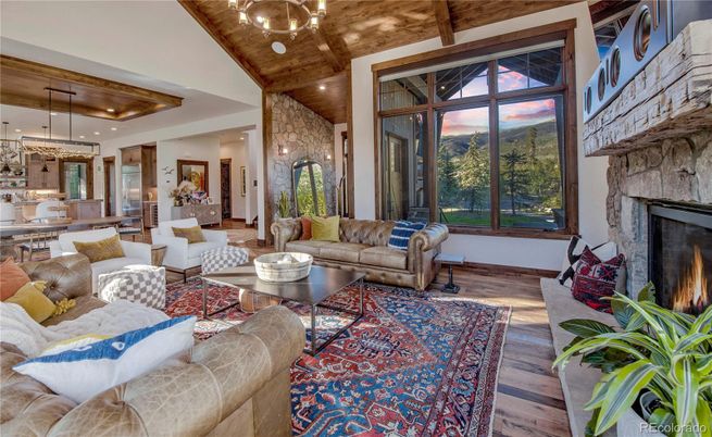 Fireplace, Interior, Kitchen, Living room, Pendant Lights, Recessed Lighting, Stone Walls, Wooden Beams, Wooden Ceilings, Wood Texture Flooring