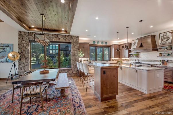 Dining room, Interior, Kitchen, Pendant Lights, Recessed Lighting, Stone Walls, Wooden Ceilings, Wood Texture Flooring