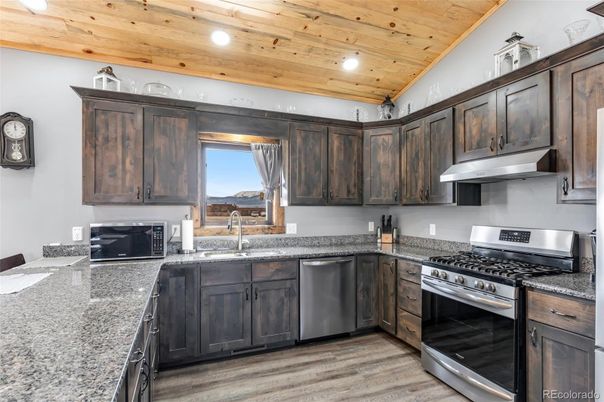 Interior, Kitchen, Recessed Lighting, Stainless Steel Appliances, Wooden Ceilings, Wood Texture Flooring