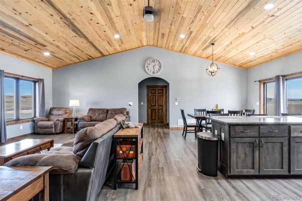Dining room, Interior, Kitchen, Living room, Pendant Lights, Recessed Lighting, Wooden Ceilings, Wood Texture Flooring