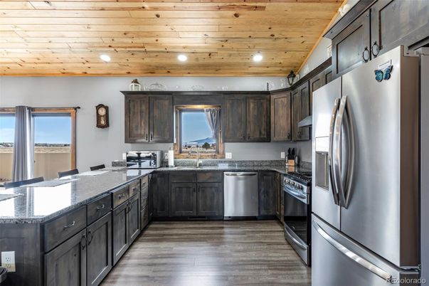Interior, Kitchen, Recessed Lighting, Stainless Steel Appliances, Wooden Ceilings, Wood Texture Flooring