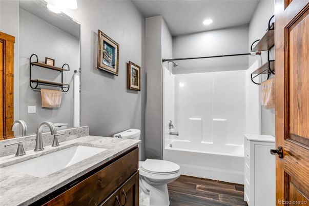 Bathroom, Interior, Recessed Lighting, Wood Texture Flooring