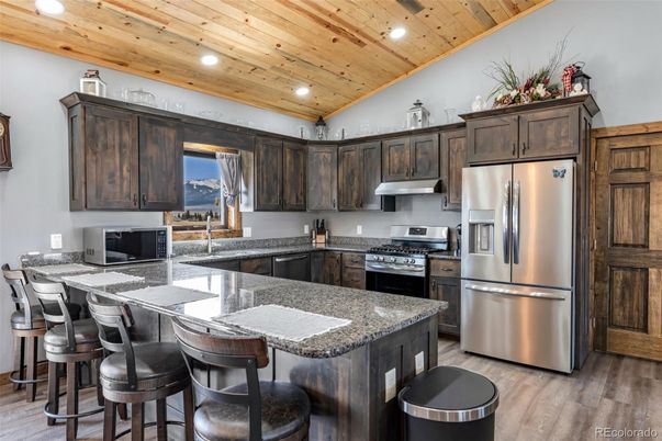 Interior, Kitchen, Recessed Lighting, Stainless Steel Appliances, Wooden Ceilings, Wood Texture Flooring