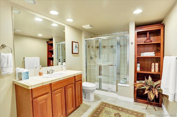 Bathroom, Glass Shower, Interior, Recessed Lighting, Tile Countertops