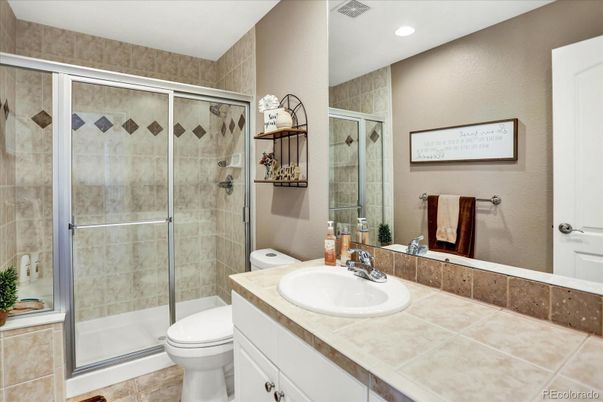 Bathroom, Glass Shower, Interior, Recessed Lighting, Tile Countertops