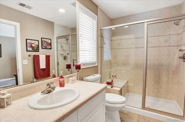 Bathroom, Glass Shower, Interior, Recessed Lighting, Tile Countertops