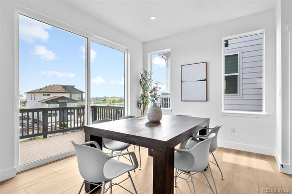 Dining room, Interior, Recessed Lighting, Wood Texture Flooring