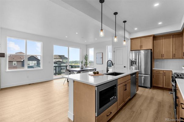 Interior, Kitchen, Pendant Lights, Recessed Lighting, Stainless Steel Appliances, Wood Texture Flooring