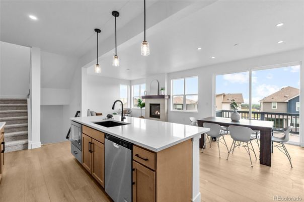 Dining room, Fireplace, Interior, Kitchen, Pendant Lights, Recessed Lighting, Wood Texture Flooring