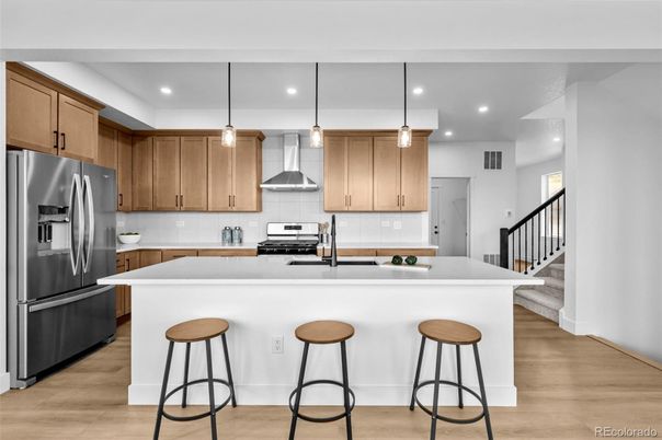 Interior, Kitchen, Pendant Lights, Recessed Lighting, Stainless Steel Appliances, Wood Texture Flooring