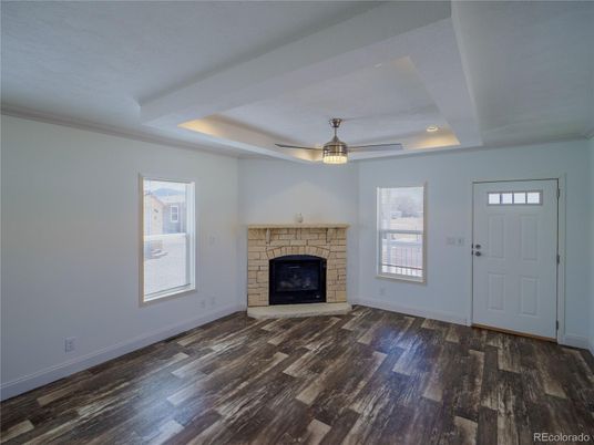 Empty room, Fireplace, Interior, Recessed Lighting, Wood Texture Flooring