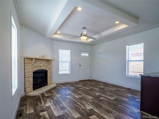 Empty room, Fireplace, Interior, Recessed Lighting, Wood Texture Flooring
