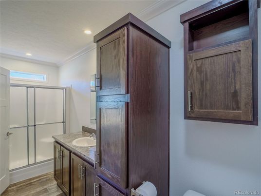 Bathroom, Glass Shower, Interior, Recessed Lighting, Wood Texture Flooring