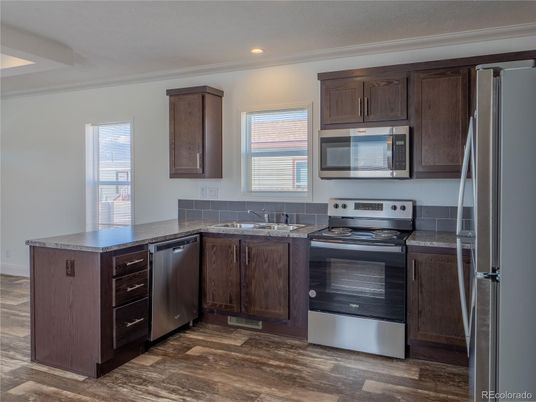Interior, Kitchen, Recessed Lighting, Stainless Steel Appliances, Wood Texture Flooring