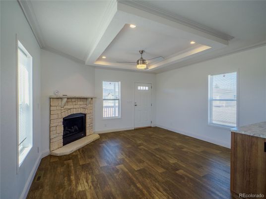 Empty room, Fireplace, Interior, Recessed Lighting, Wood Texture Flooring