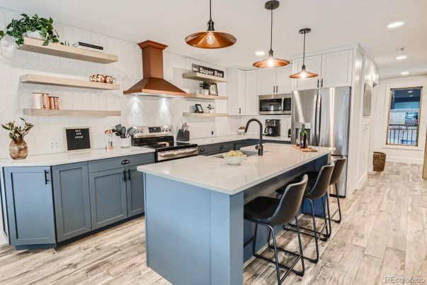 Interior, Kitchen, Pendant Lights, Recessed Lighting, Stainless Steel Appliances, Wood Texture Flooring