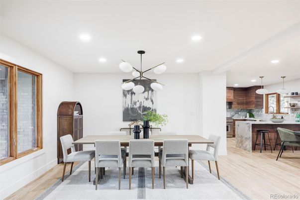 Dining room, Interior, Kitchen, Pendant Lights, Recessed Lighting, Wood Texture Flooring