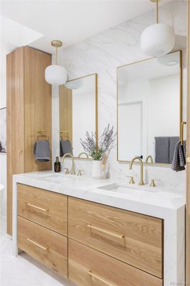 Bathroom, Dual Sink Vanities, Interior, Marble Walls, Pendant Lights