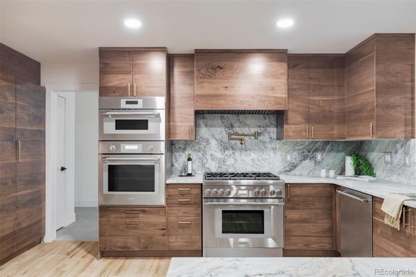 Interior, Kitchen, Recessed Lighting, Stainless Steel Appliances, Wood Texture Flooring