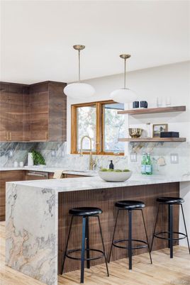 Interior, Kitchen, Marble Walls, Pendant Lights, Wood Texture Flooring