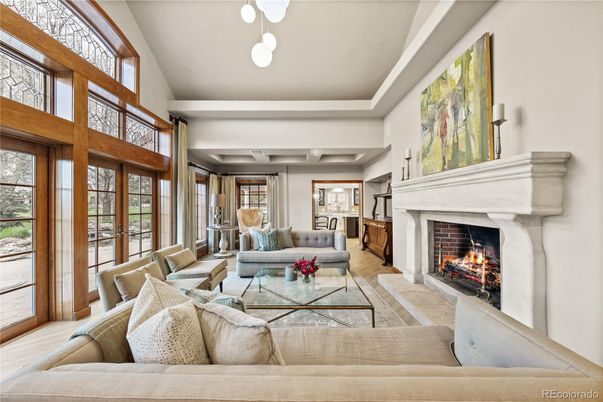 Fireplace, Interior, Living room, Pendant Lights, Wood Texture Flooring