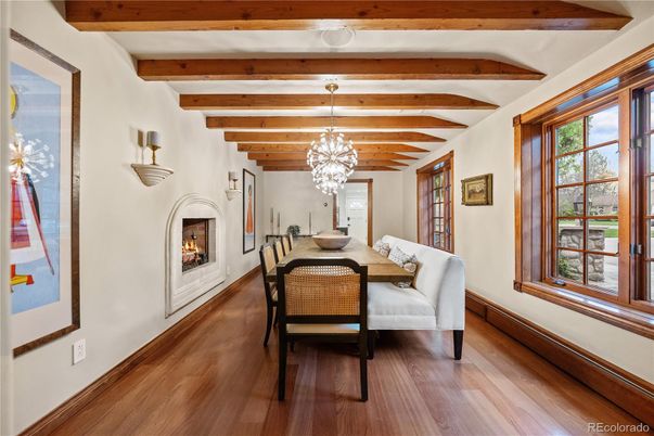 Chandelier, Dining room, Fireplace, Interior, Wooden Beams, Wood Texture Flooring